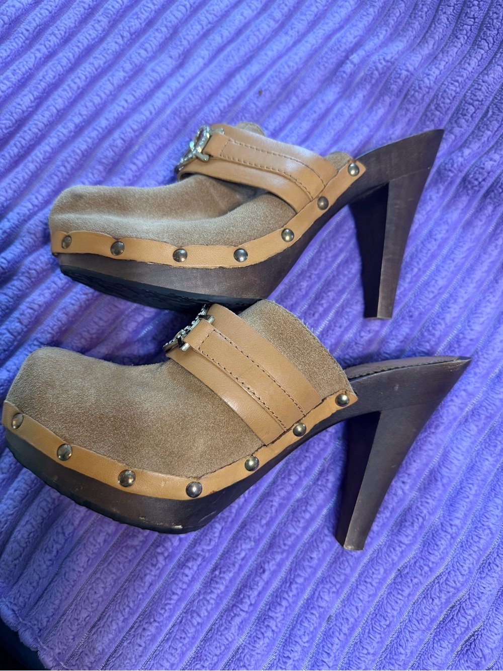 Baby Phat Tan Suede Studded Clog Heels